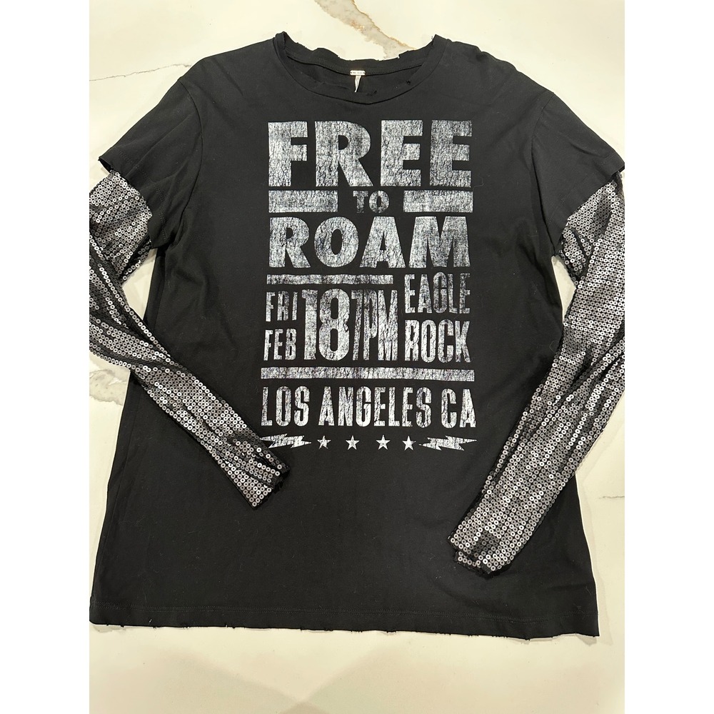 Free People Free To Roam Sequin Sleeve Graphic Tee Black Rock Concert Shirt S
